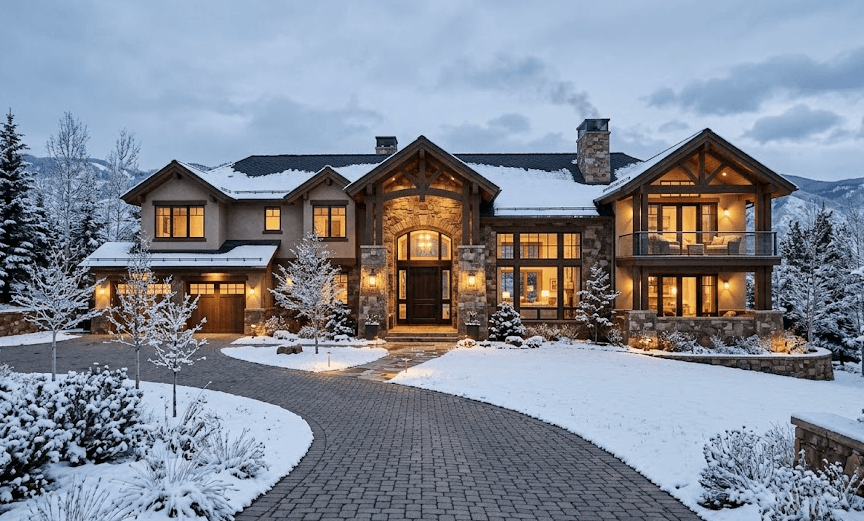 Modern Toronto family home with stone-and-timber facade in winter